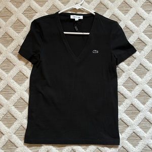 Lacoste Women's Black Short Sleeve V Neck Tee T Shirt New